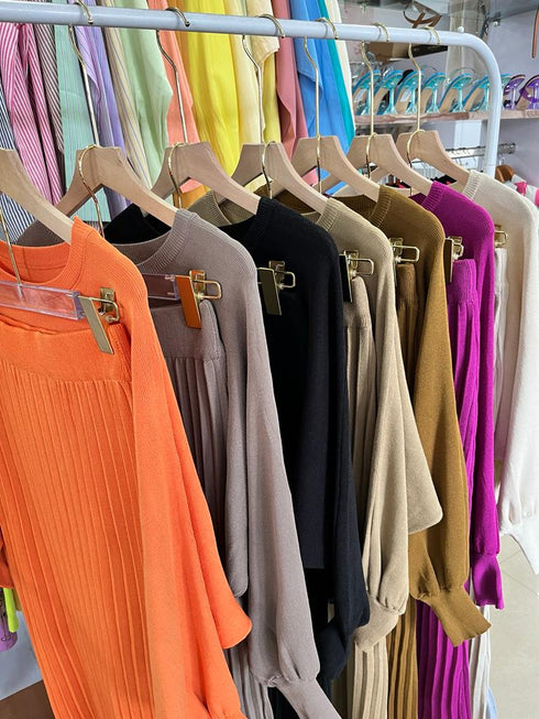 Solid Color Knitted Long Sleeves Top with Skirts Co-Ord Set